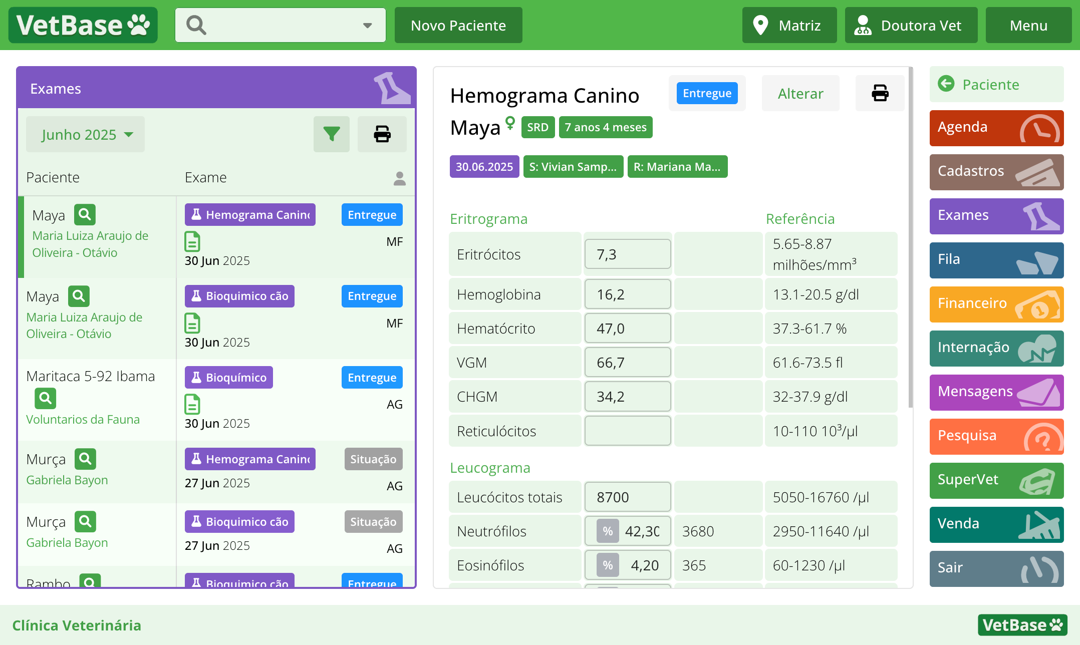 Módulo de exames do VetBase com filtros e novas opções de relatório